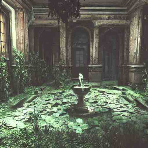 abandoned garden inside a dark mansion, fountain, dead flowers, realistic, highly detailed, background of resident evil game 