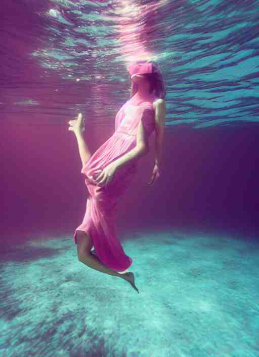 girl in a long dress swimming underwater, caustics, surreal underwater photography