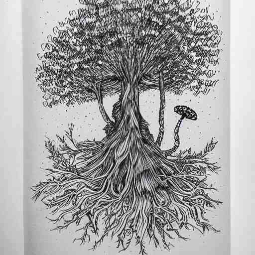 black and white ink doodle illustration of an ancient tree floating in outer space, overgrown with funghi, style by peter deligdisch, peterdraws 