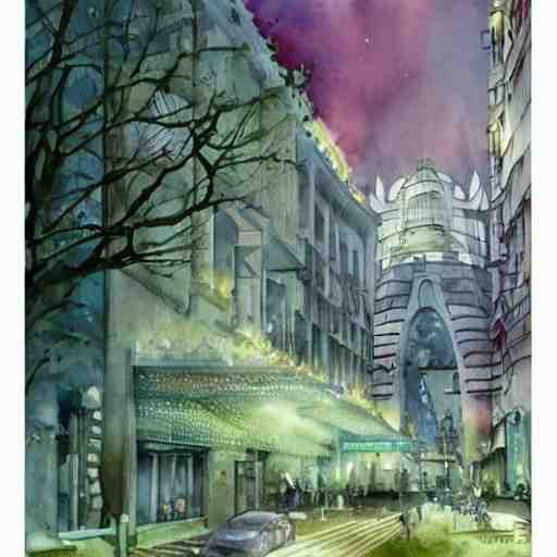 Beautiful happy picturesque charming sci-fi city in harmony with nature. Nice colour scheme, soft warm colour. Beautiful detailed watercolor by Lurid. (2022)