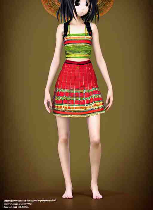 beautiful anime girl wearing summer assamese mekehela bihu style floral gamosa dress ; flirtatious, boho - chic, sleeveless, elegant, short skirt length, slimmer demeanor, plethora of colors ; mini dress, highly detailed cute face by wlop ; octane render, unreal engine 5, symmetrical, high coherence, hdr fabric textures 