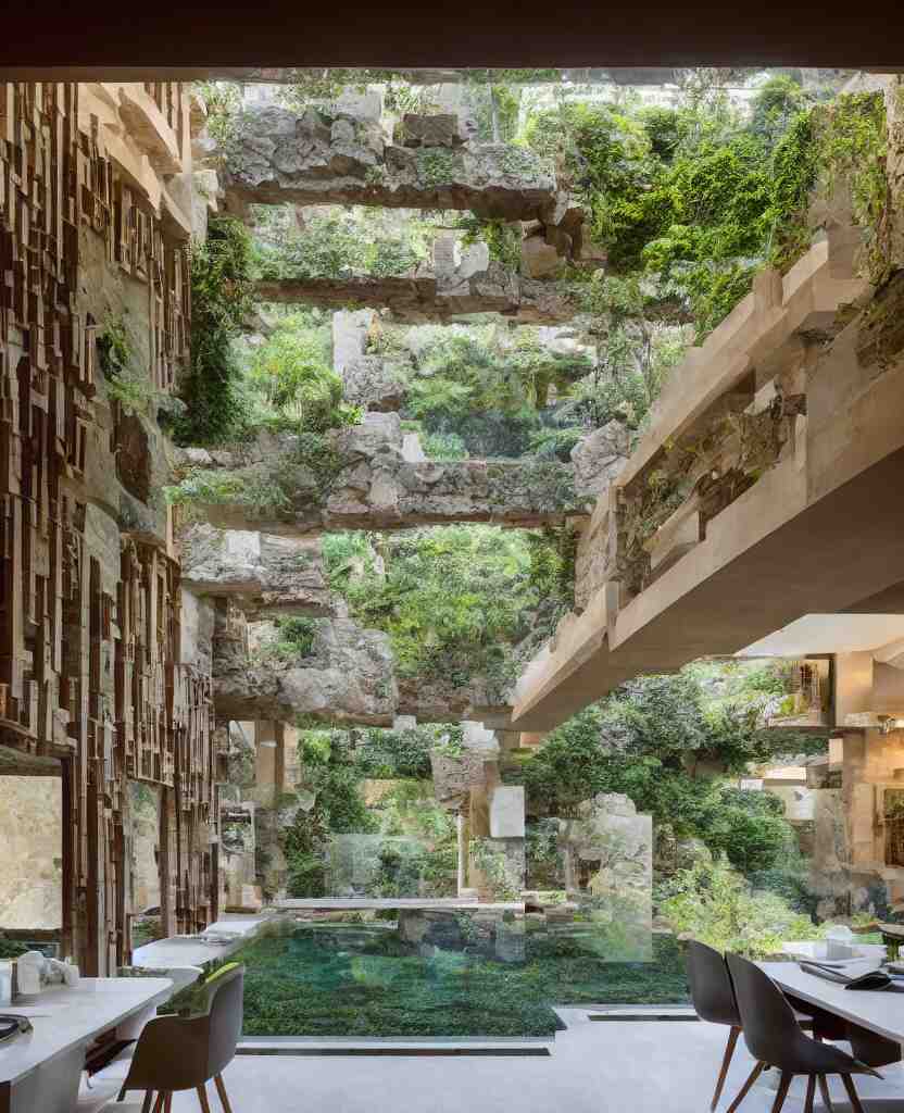 a stunning interior of a split - level villa with a swimming pool, intricately stacked and iteratively interlocked stone blocks in the style of ennis house, extremely coherent, fusion of frank lloyd wright and carlo scarpa, people are sitting at a table eating dinner, plants and moss and ivy growing on the stones, indoor picture, long shot, architectural photography 