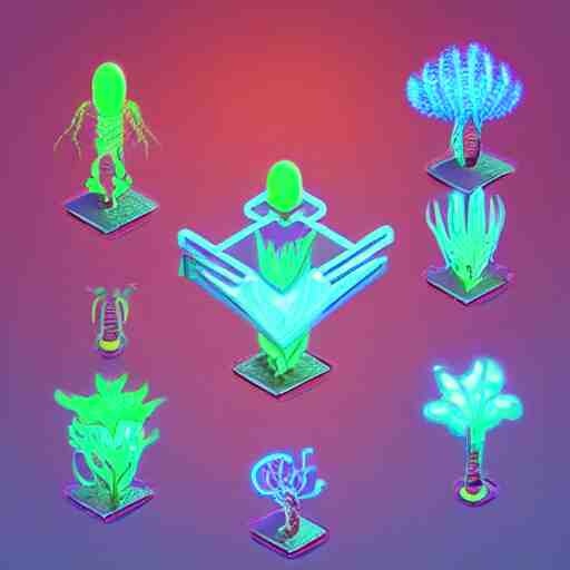 concept 2 d game asset, isometric staircase blocks, organic isometric design, bioluminescent alien - like plants inspired by the james cameron's avatar's alien nature. we can see alien plants glowing in the dark arround the isometric itens has colorful neons cyan, orange mooth median photoshop filter cutout vector behance hd by jesper ejsing, by rhads, makoto shinkai and lois van baarle 