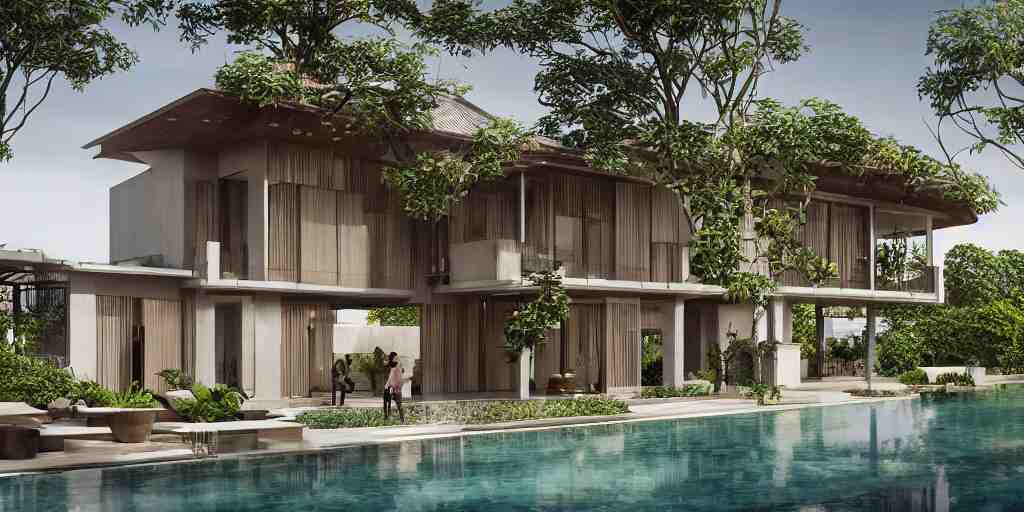 3d rendering  of beautiful nature meets architecture concept of a residential house. balinese architecture, volumetric lighting, luxury, high detail, 14mm, cinematic photography, cg architects,  high resolution