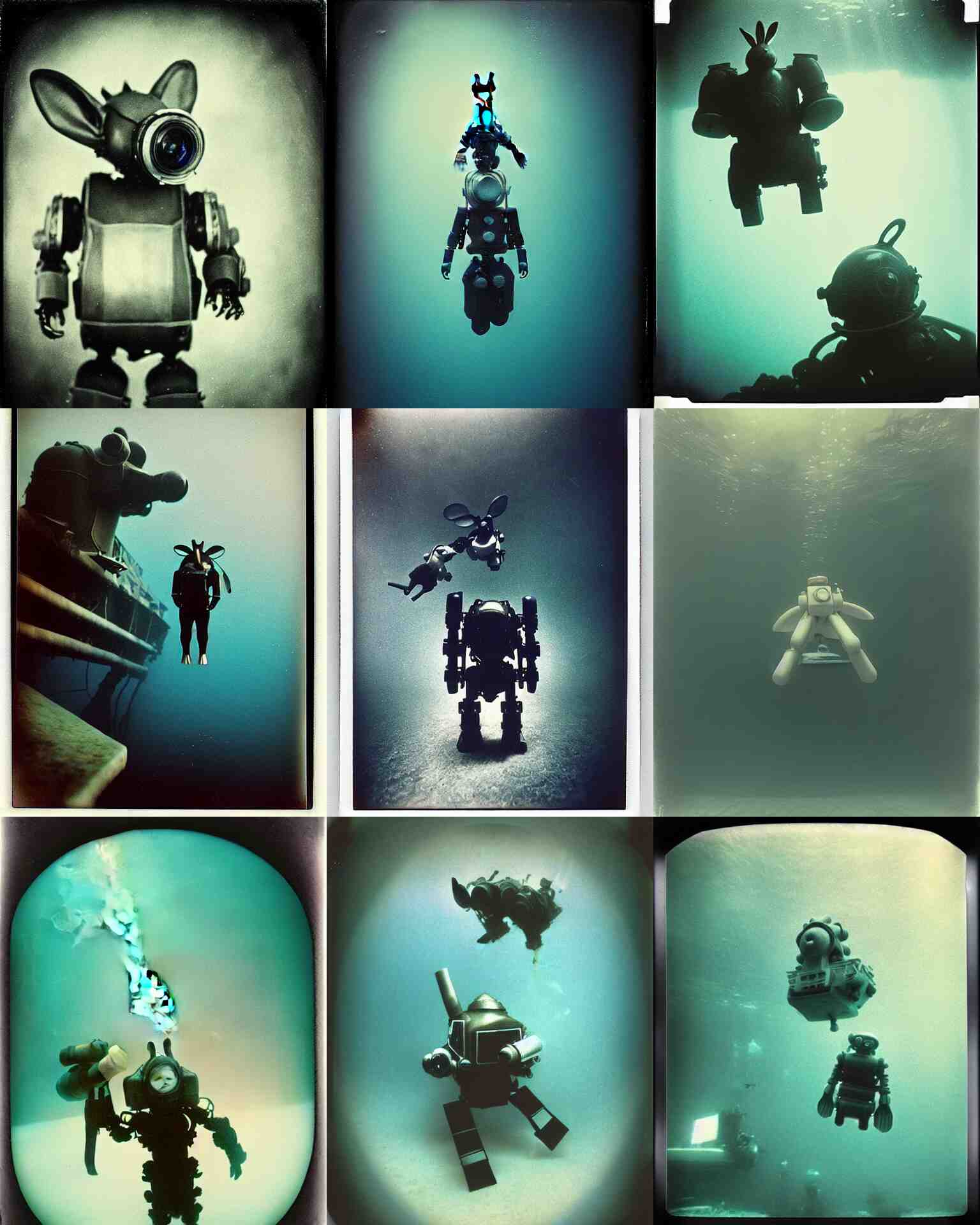 smal tiny lhuman diver with deep underwater giant oversized battle rabbit robot mech with oversized ears as giant underwater mech rabbit on  titanic wreck underwater. Cinematic focus,  sharp Polaroid photo, vintage, neutral colors, soft lights,  by Serov Valentin, by lisa yuskavage, by Andrei Tarkovsky