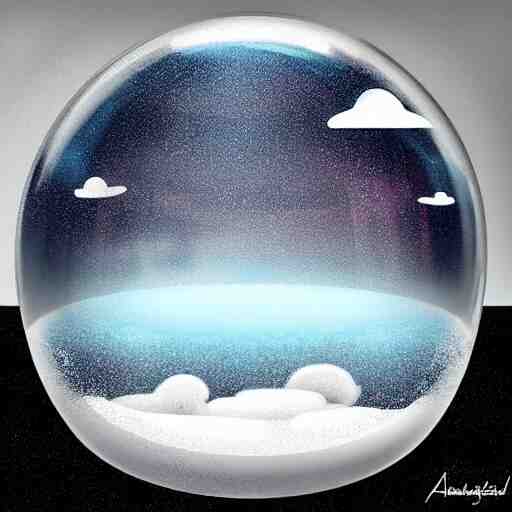 a rainstorm inside a snowglobe. Beautiful colorful clouds in moody greys and blues. High quality digital art, trending on artstation