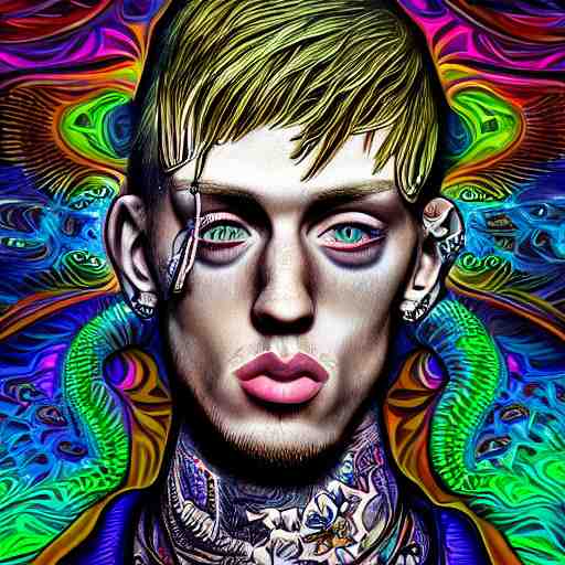 an extremely psychedelic portrait of mgk, surreal, lsd, face, detailed, intricate, elegant, lithe, highly detailed, digital oth, sharp focus, illustration, 