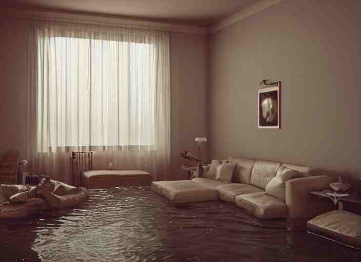 kodak portra 4 0 0 photographic and realistic, 7 0 s living room, detailed, octane render, unreal engine, 4 k, artstation, hyper realistic, wide angle, floor flooded, how a river, objects that float, 3 5 mm, sharp focus, soft light, volumetric light fog, in the style of gregory crewdson 