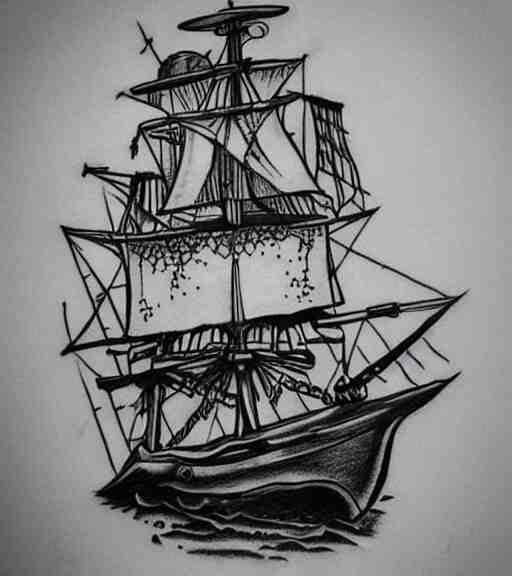 A realistic tattoo design sketch of a pirate ship, white background, black and white, highly detailed tattoo, shaded tattoo