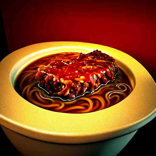 UHD hyperrealistic photorealisitc Filthy toilet full and overflowing with pad thai and meatloaf, brown gravy, Vibrant colors, irrdescent glow, Tonalism Painting