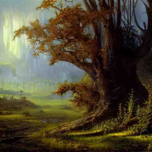 fortress in the misty woods, crisp, clear, matte oil painting, darrell k sweet, wallpaper 