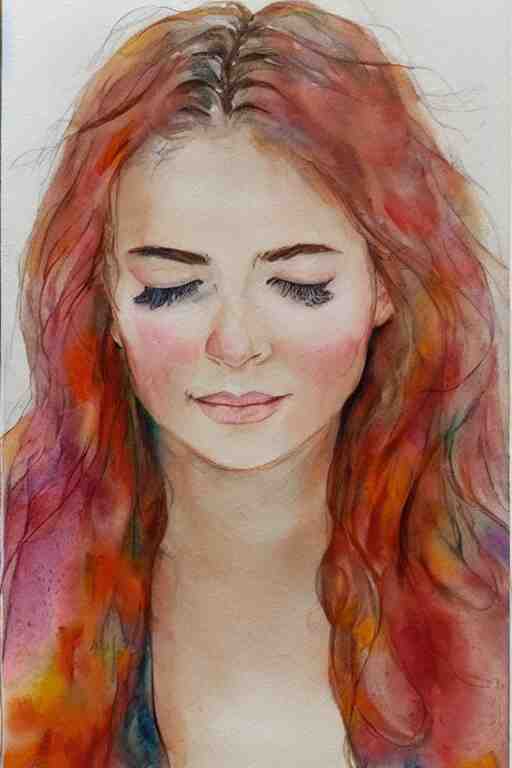 portrait of a young beautiful auburn woman, closing her eyes, smiling, aquarelle, realistic painting, freckles, 1 / 4 headshot 