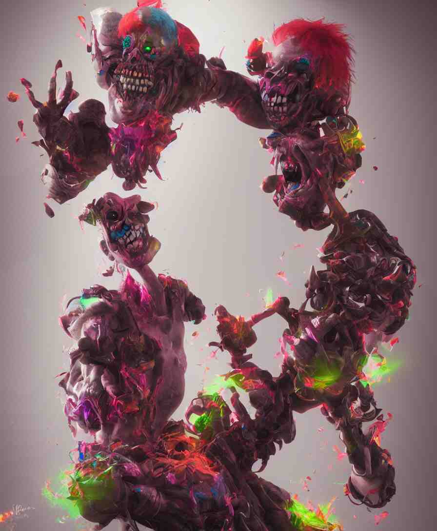 death clown, cinematic lighting, 8k, artstation, octane render, cinematic, hyper realism, 8k, concept art, illustration, vibrant colors