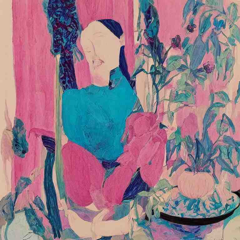 “art in an Australian artist’s apartment, organic, portrait of women, pink and blue hair, lesbian, ikebana, Japanese pottery, sacred feminine, womanhood”