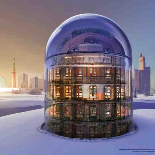 a snow globe with a soviet building in it, a computer rendering by leandro erlich, trending on cgsociety, retrofuturism, tesseract, isometric, physically based rendering 