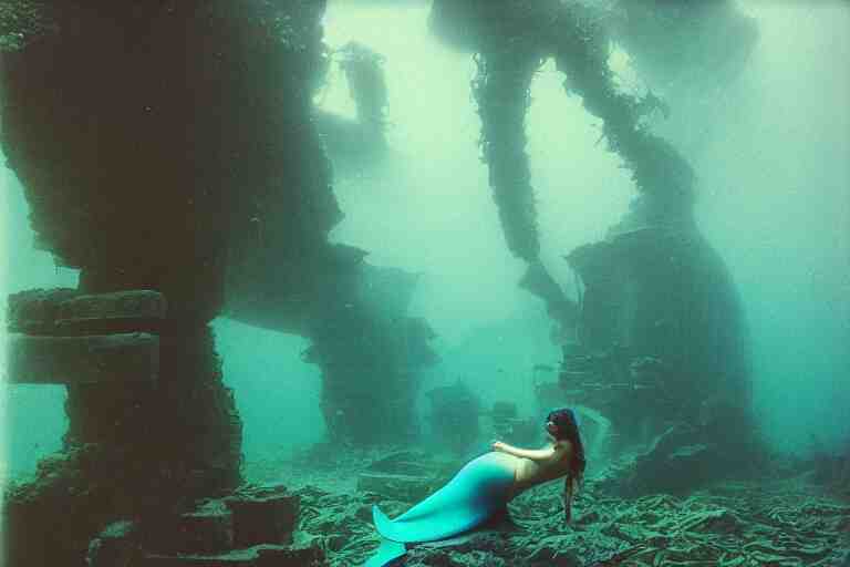 analog photograph of underwater ruins with a mermaid and kelp, deep azure tones, film grain, color bleed, bokeh, depth of field, by ansel adams, ruan jia