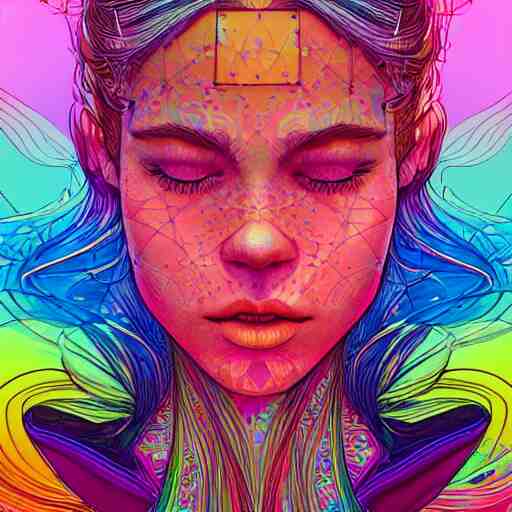 the head of a beautiful rainbow woman, an ultrafine detailed illustration by james jean, final fantasy, intricate linework, bright colors, behance contest winner, vanitas, angular, altermodern, unreal engine 5 highly rendered, global illumination, radiant light, detailed and intricate environment 