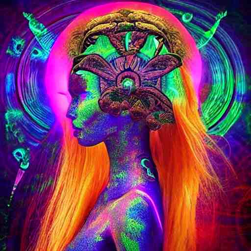 “photo of a beautiful extraterrestrial woman goddess, psychedelic, dmt, lsd, epiphany, fractals, alien forms, organic, acidic, acid, 8k”