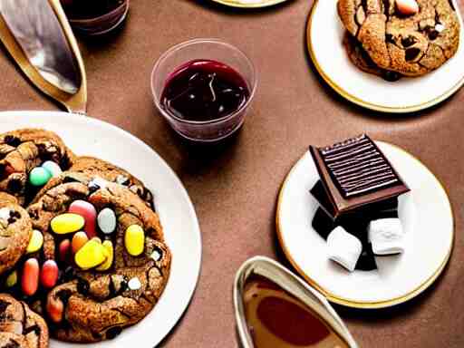 opulent banquet of plates of freshly baked chocolate chip cookies, jelly beans, chocolate sauce, marshmallows, highly detailed, food photography, art by rembrandt 