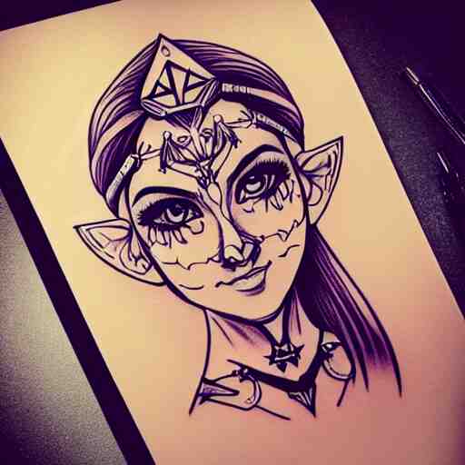 tattoo design, stencil, portrait of princess zelda in a bikini by artgerm, symmetrical face, beautiful, triforce 