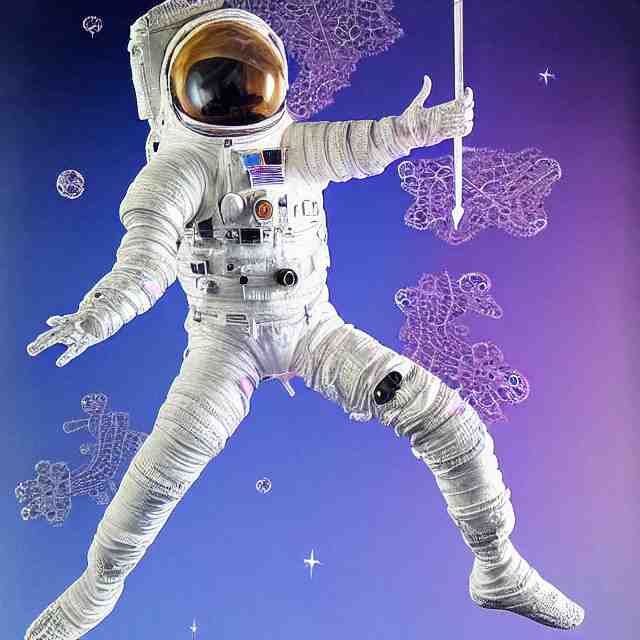 realistic extremely detailed  photo style  painting of a complete  astronaut suit with exposed diamond 3d fractal lace iridescent bubble 3d skin clear brain+ one hand holding a glowing sparkle plasma spear and multiple chest  arm and legs chelate appendages and in a jumping float Pose
,opal ruby diamond iridescent fractal lace bubble materials,against a psycadelic  wavy lace wall,
monolithic retro futuristic ,water , by style hybrid mix of beeple+Anton Pieck+Jean Delville+ Amano,Yves Tanguy+ Alphonse Mucha+ Ernst Haeckel+ Edward Robert Hughes+Stanisław Szukalski , compound eys lenses,
rich moody colors,diamond dust glitter and sparkles, granular detail,holographic krypton ion,blue eyes,octane render,4k,
f32,55mm photography,wide angle ,jumping float Pose,full shot,  