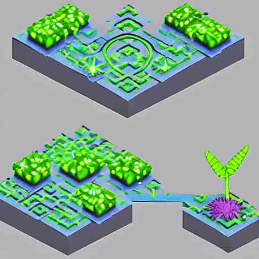 concept art 2 d mobile game asset is an isometric staircase with an organic isometric design based on bioluminescent alien - like plants inspired by the avatar's bioluminescent alien nature. around the stair, we can see plants that glow in the dark. all in isometric perspective and semi - realistic style item is in a black background 