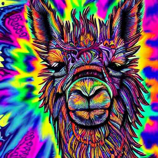 psychedelic, photorealistic, colorfully llama in a maximalist style on a background that fades to black 