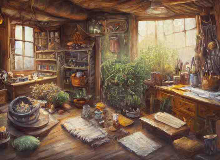 rustic oil painting, interior view of a cluttered herbalist cottage, waxy candles, wood furnishings, herbs hanging, light bloom, dust, ambient occlusion, rays of light coming through windows, oil painting
