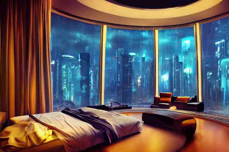 a futuristic bedroom with large curved ceiling high windows looking out to a far future cyberpunk cityscape, cyberpunk neon lights, raining, scifi