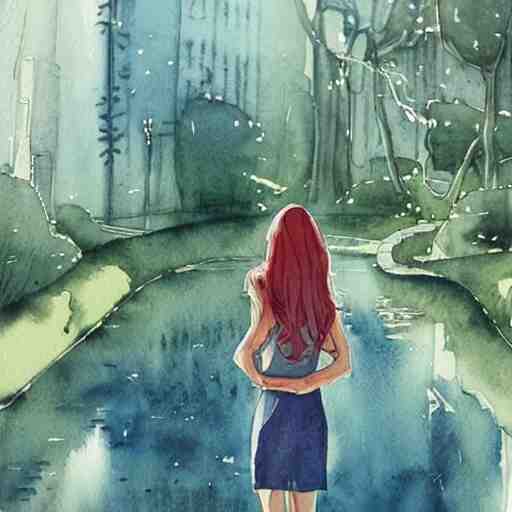 Woman in a beautiful happy picturesque charming sci-fi city in harmony with nature. Beautiful light. Water and plants. Nice colour scheme, soft warm colour. Beautiful detailed watercolor by Lurid. (2022)