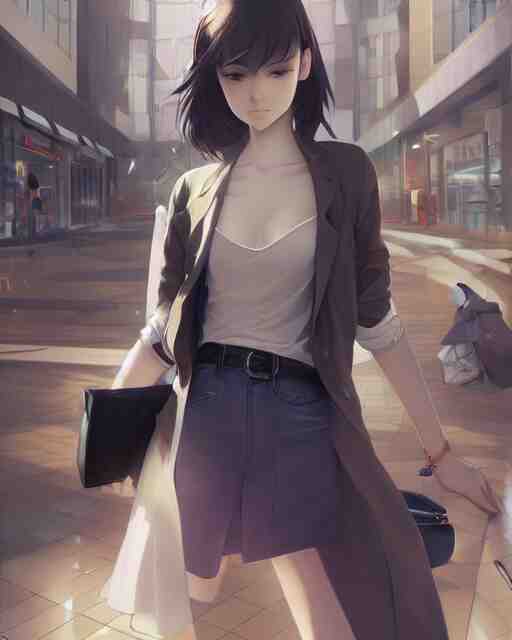 a girl at the mall, very sexy outfit, medium shot, visible face, detailed face, perfectly shaded, atmospheric lighting, by makoto shinkai, stanley artgerm lau, wlop, rossdraws 