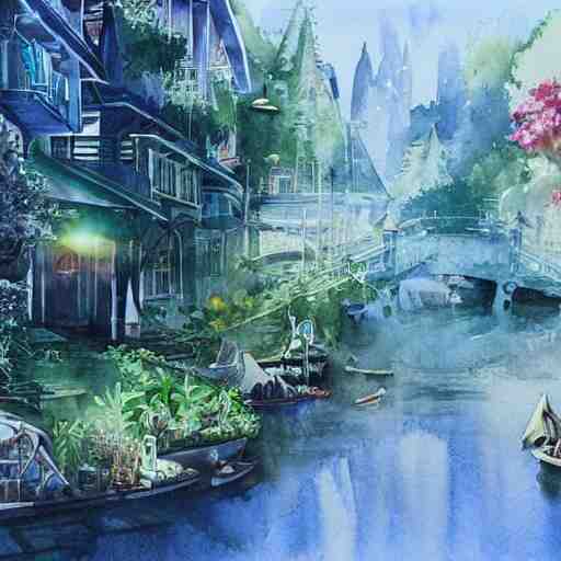 Beautiful happy picturesque charming sci-fi town in harmony with nature. Beautiful light. Water and plants. Nice colour scheme, soft warm colour. Beautiful detailed artistic watercolor by Vincent. (2060)