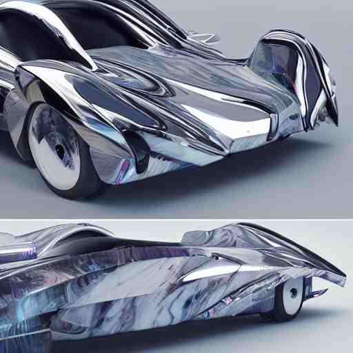 concept car with wings and iridescent paint, octane, grandure, highly detailed, reflective marble floor