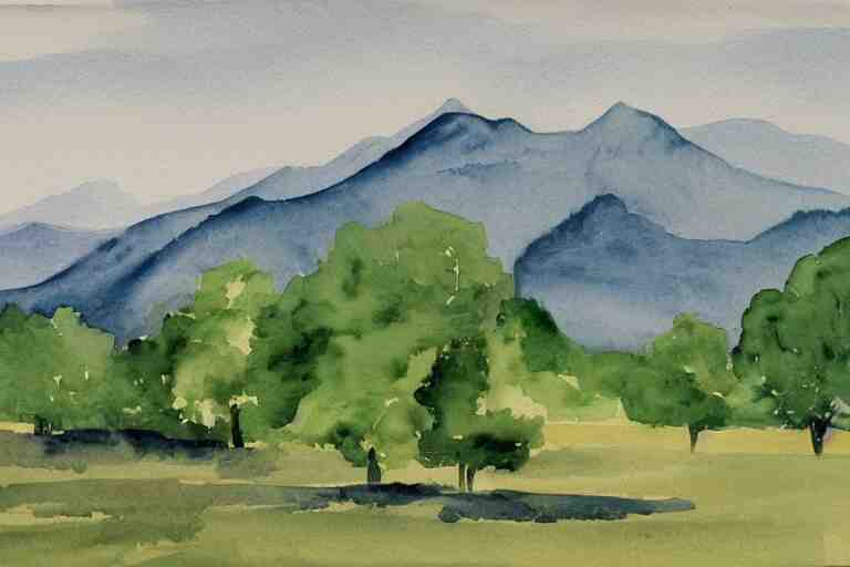 green landscape with trees and mountains in the distance, watercolor 