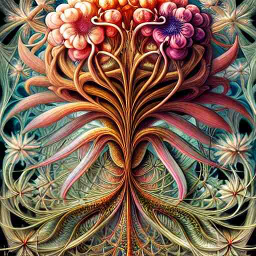 an ultra hd detailed painting of many different types of flowers by Android Jones, Earnst Haeckel, James Jean. behance contest winner, generative art, Baroque, intricate patterns, fractalism, rococo