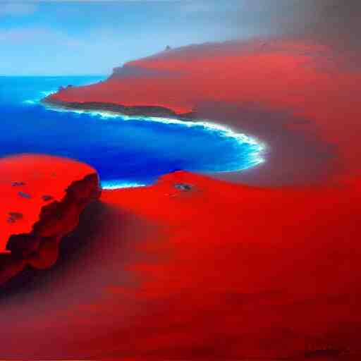 A gorgeous detailed oil painting of a red sea covered in big blue rocks, the further away the mistier it gets, dark aesthetic, atmospheric, moody, highly detailed, masterpiece, award winning, 4k