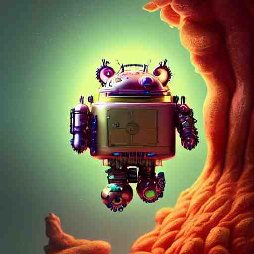 opalescent android cyborg animal in candyland, warm tones : by michal karcz, daniel merriam, victo ngai and guillermo del toro : ornate, dynamic, particulate, intricate, elegant, highly detailed, centered, artstation, smooth, sharp focus, octane render 