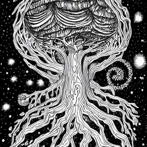 black and white ink doodle illustration of an ancient tree floating in outer space, overgrown with funghi, style by peter deligdisch, peterdraws 