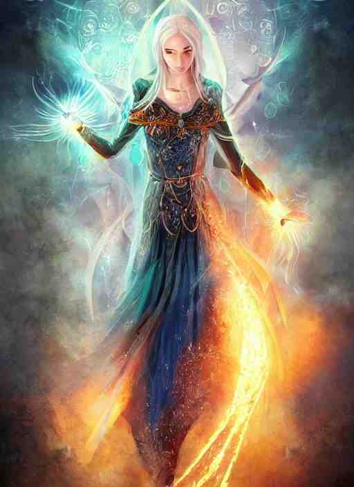 in the style of throne of glass book cover, female magician casting a spell with fireballs in her hands, blue and green magic lights aura, a portal with elvish symbology opened, d & d, fantasy, highly detailed, digital art, trending on artstation, smooth, sharp focus, illustration, art by artgerm and hirokazu yokohara, greg rutkowski, alfonse mucha 