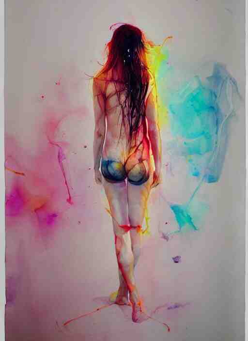 gorgeous woman in short by agnes cecile, view from back, bent - over posture, half body portrait, extremely luminous bright design, pastel colours, ink drips, autumn lights 