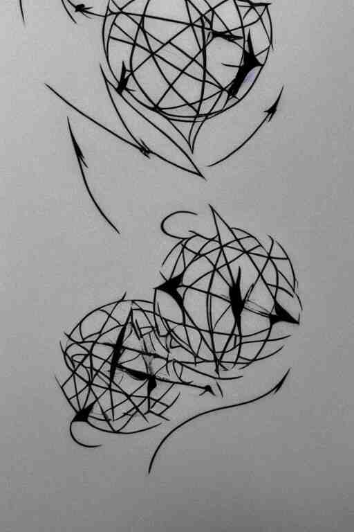 a beautiful tattoo design of minimalist swallows flying into spherical lines and simple basic shapes, black ink, line art 