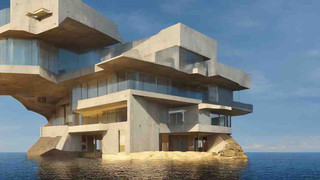 modern concrete house built in the ocean, futuristic accents, golden hour, 4 k, built by frank lloyd wright, concept art 