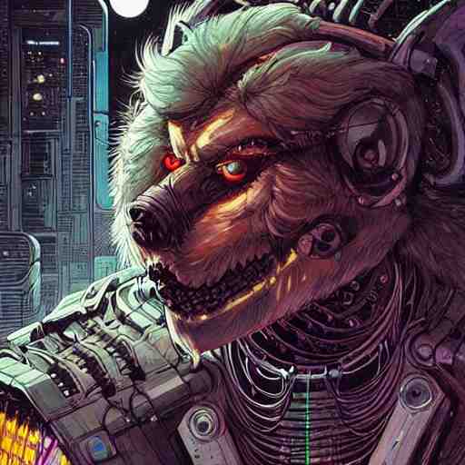 portrait of a cybernetic werewolf warrior with white fur and power armor, cyberpunk concept art by josan gonzales and moebius and enki bilal and and dan mumford and jean claude meziere and philippe druilleg 