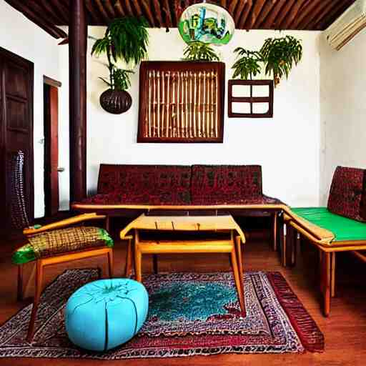 living room interior design with assamese traditional gamosa textured furniture, mekhela sador motif design pattern walls and floor, teak table, japandi, ikea, sunny, warm wood, urban jungle plants, small kitchen table, indian antique chairs, round mirror on the wall, light - brown wall, mid - century sofa indian architecture 