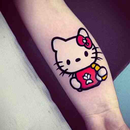 beautiful gorgeous tattoo art of hello kitty, extremely intricate, professional art, striking pose, amazing 