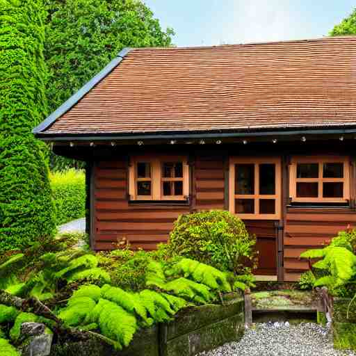 small wooden german garden house, brown, plastic roofed veranda with brown wood side fence, rembrandt style painting, extremely wide angle 