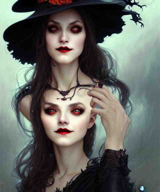 halloween witch woman in a hat smiles, fantasy magic, undercut hairstyle, dark light night, intricate, elegant, sharp focus, illustration, highly detailed, digital painting, concept art, matte, art by wlop and artgerm and greg rutkowski and alphonse mucha, masterpiece 