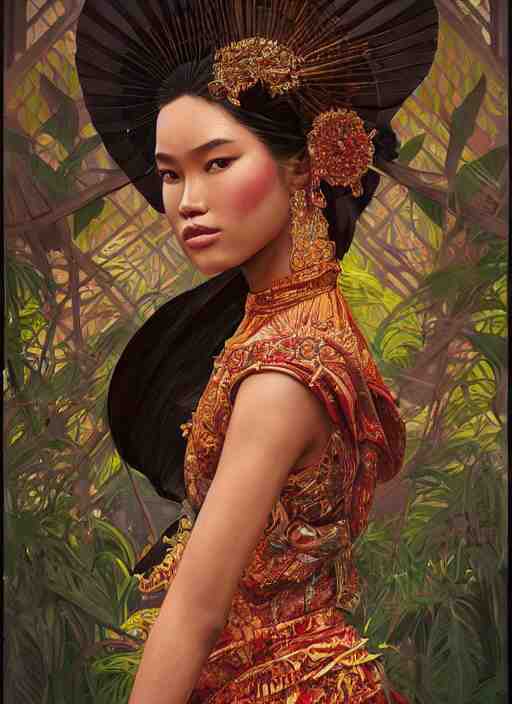 portrait of an indonesian supermodels wearing traditional costume, highly detailed, digital painting, artstation, concept art, sharp focus, illustration, art by kittichai rueangchaichan and james gurney and alphonse mucha 