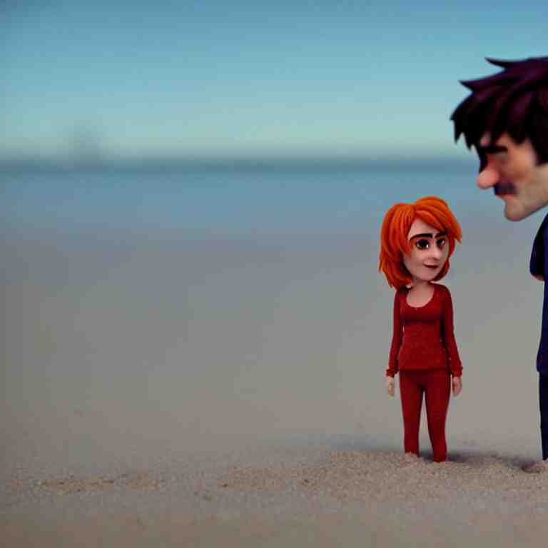 a cinematic film still of a claymation stop motion film eternal sunshine of the spotless mind joel and clementine on the beach, shallow depth of field, 8 0 mm, f 1. 8 