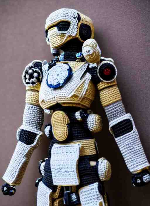 a crochet mecha, realistic, intricate, many details, no cropping, full body, Sigma 50 mm f/1.4